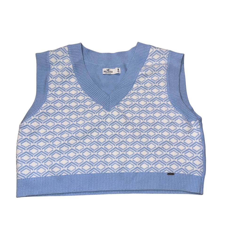 Hollister Sweater Vest Medium Blue White Diamond Knit V-Neck Cropped Top